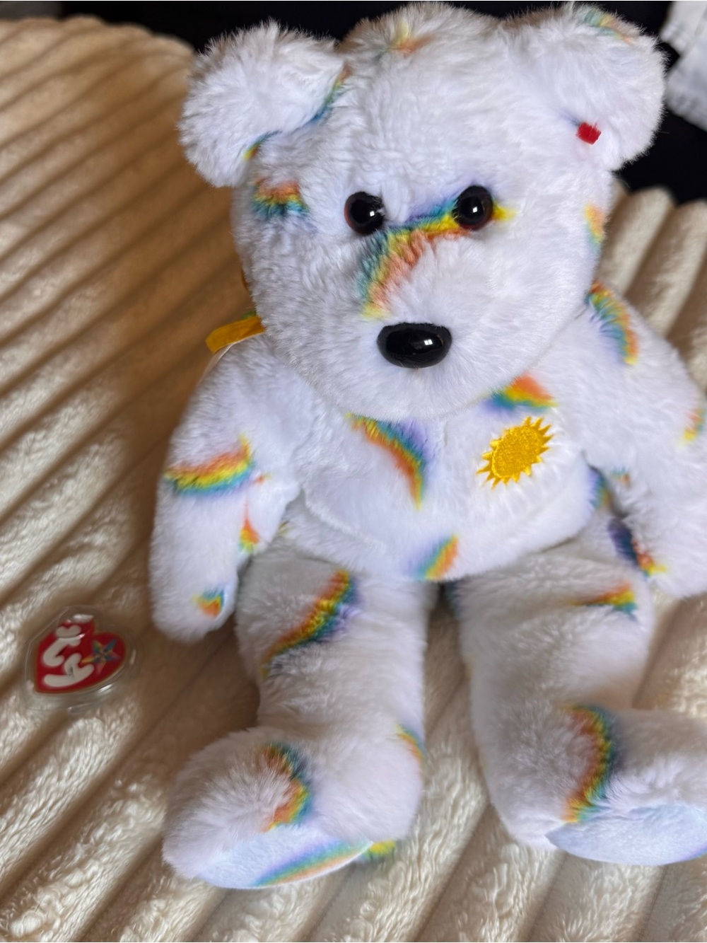 TY Beanie Baby White Rainbow Bear Plush - Sunny Embroidered Patch 2002